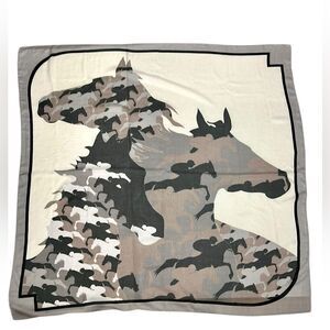RANI ARABELLA Horse Racing Scarf Shawl Beige Taupe Cashmere Silk Wool ITALY 51”
